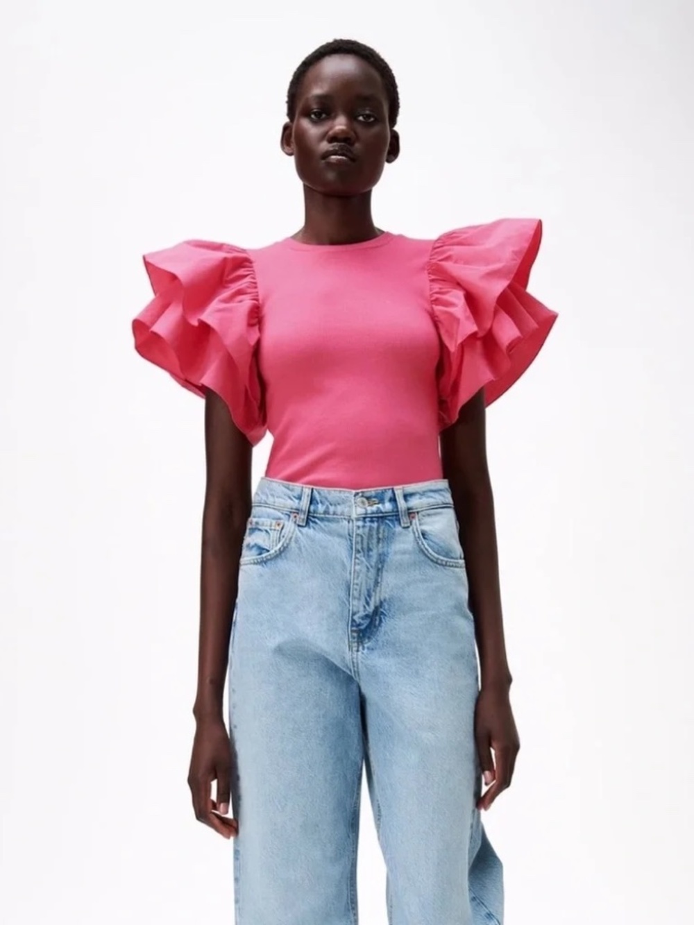 Zara Hot Pink Puff Sleeve Bodysuit